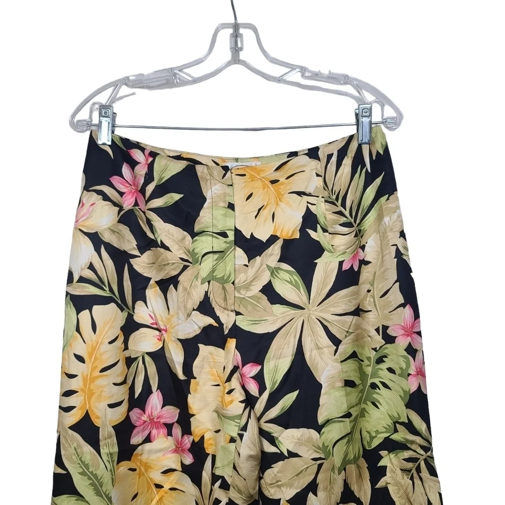 Talbots Floral Tropical Print Tan Yellow Green Pink Black Pure Silk Pants 8 - Picture 2 of 8
